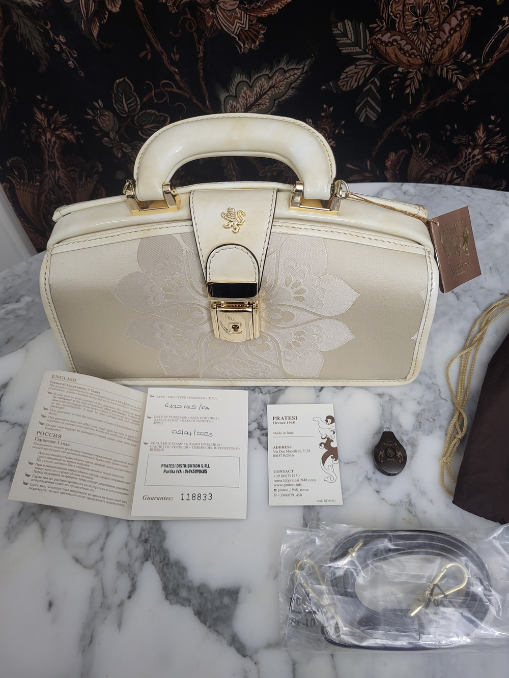 PRATESI Cream Floral Embossed Top-Handle Clutch with Gold Hardware